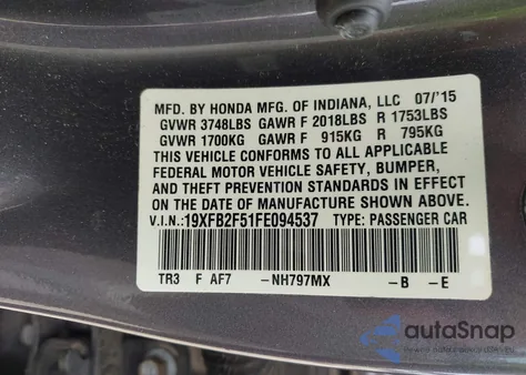 2015 Honda Civic Lx from USA, damaged, VIN 19XFB2F51FE094537